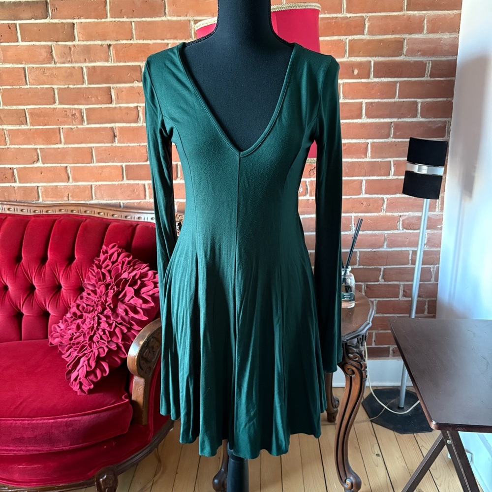 Forever 21 Green Long Sleeve V-Neck Fit and Flare Dress